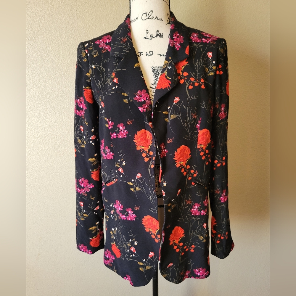 Cynthia Rowley Black Floral Open Front Blazer, Small